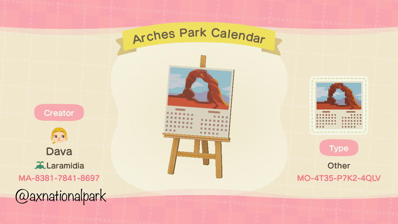 Animal Crossing Design Code: MO-4T35-P7K2-4QLV Arches Park Calendar