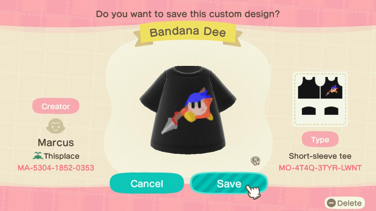 Animal Crossing Design Code: MO-4T4Q-3TYR-LWNT Bandana Waddle Dee