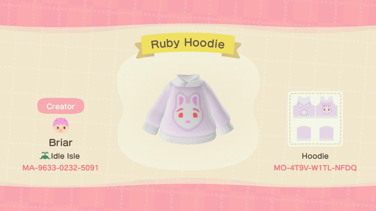 Animal Crossing Design Code: MO-4T9V-W1TL-NFDQ Ruby Hoodie