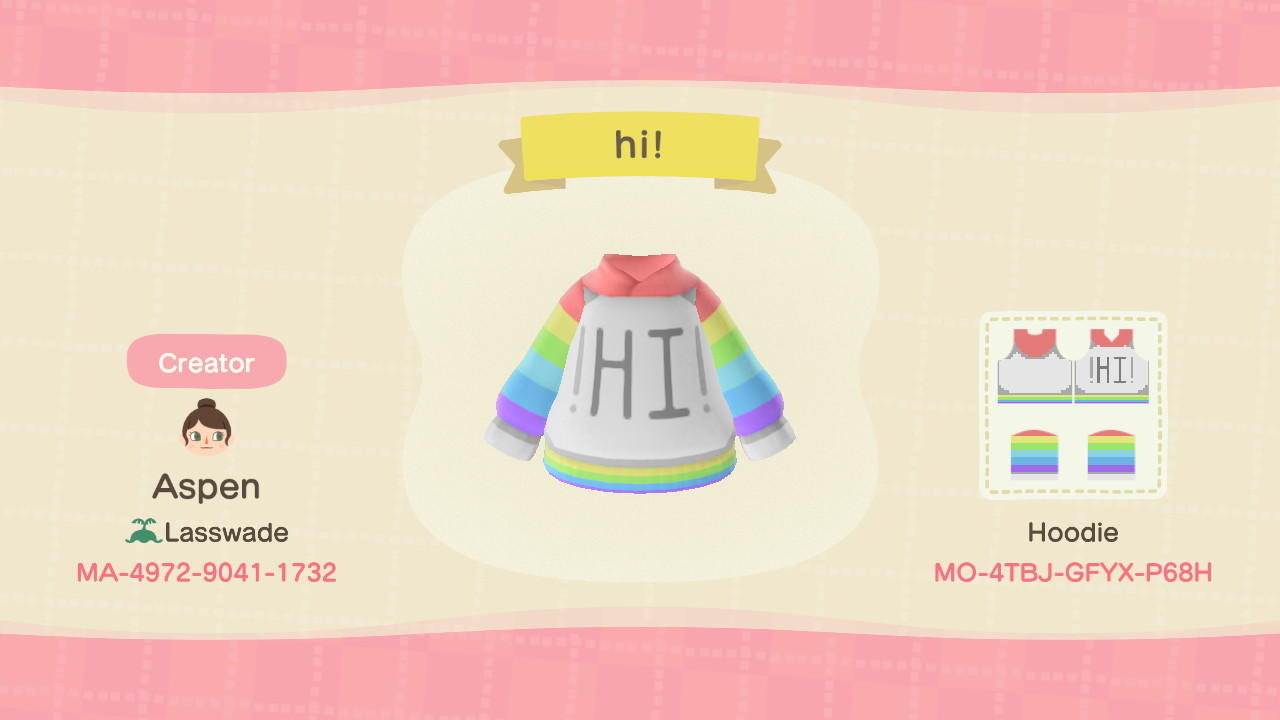 Animal Crossing Design Code: MO-4TBJ-GFYX-P68H Rainbow Hi Hoodie