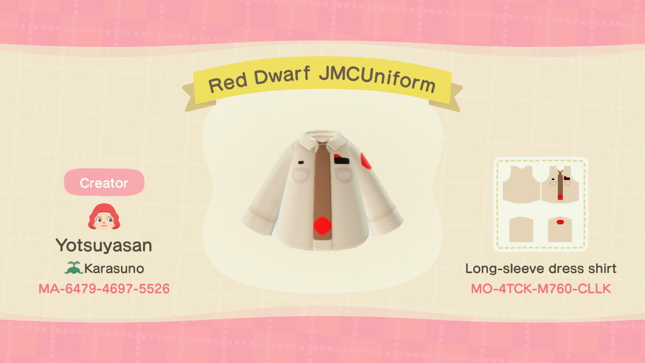Animal Crossing Design Code: MO-4TCK-M760-CLLK Red Dwarf JMCUniform