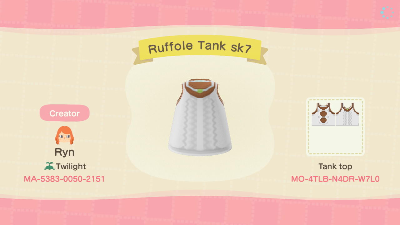 Animal Crossing Design Code: MO-4TLB-N4DR-W7L0 Ruffole Tank sk7