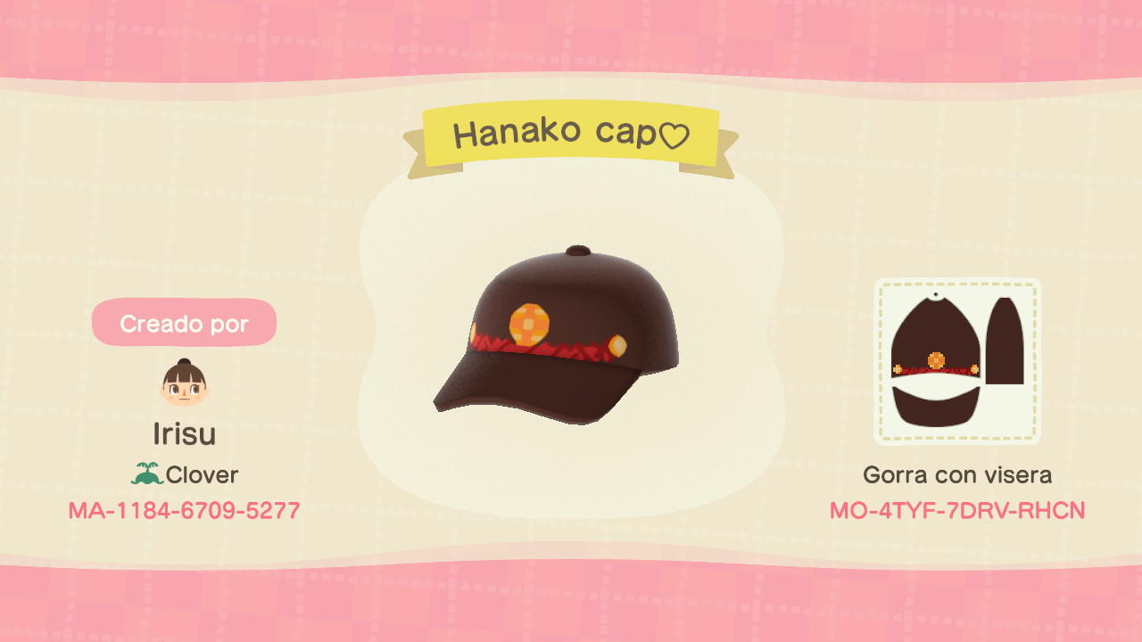 Animal Crossing Design Code: MO-4TYF-7DRV-RHCN Hanako cap