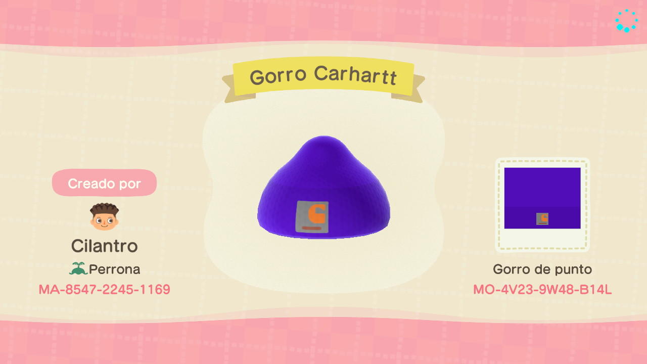 Animal Crossing Design Code: MO-4V23-9W48-B14L Gorro Carhartt