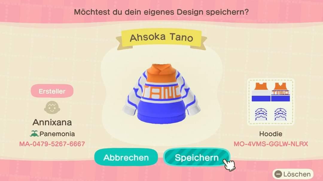 Animal Crossing Design Code: MO-4VMS-GGLW-NLRX Ahsoka Tano