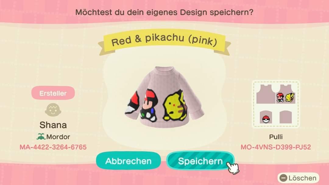 Animal Crossing Design Code: MO-4VNS-D399-PJ52 Red & Pikachu (Pink)