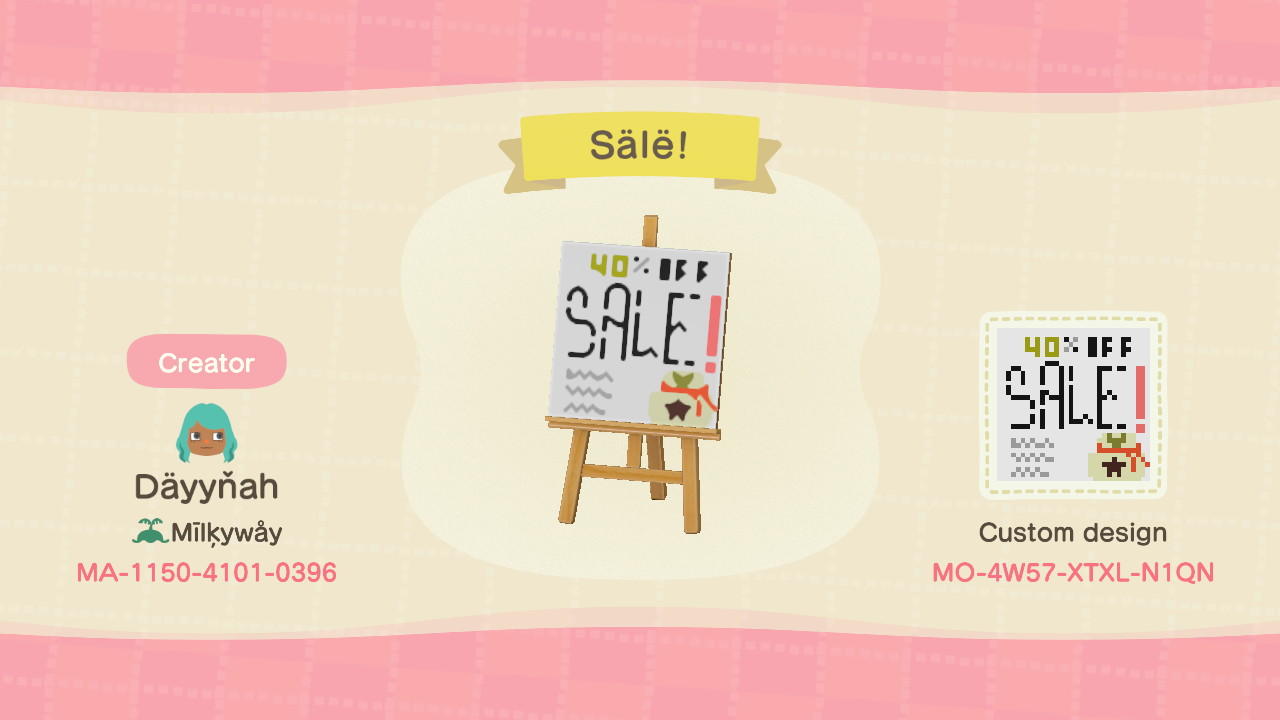 Animal Crossing Design Code: MO-4W57-XTXL-N1QN Sälê!