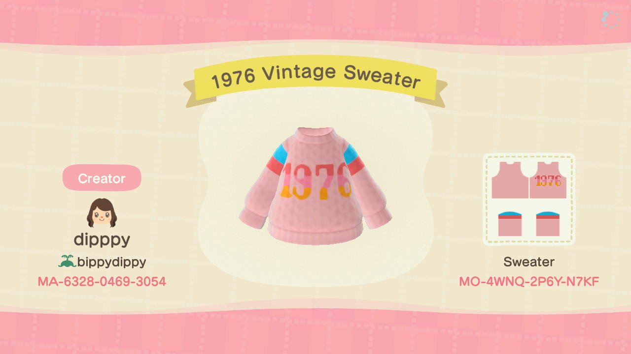 Animal Crossing Design Code: MO-4WNQ-2P6Y-N7KF 1976 Vintage Sweater