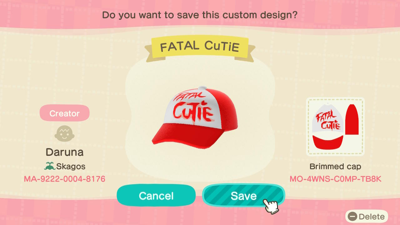Animal Crossing Design Code: MO-4WNS-C0MP-TB8K FATAL CuTiE