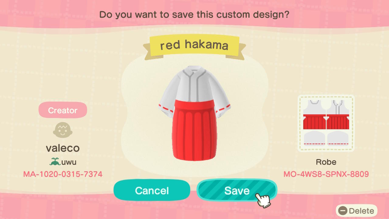 Animal Crossing Design Code: MO-4WS8-SPNX-8809 Red hakama