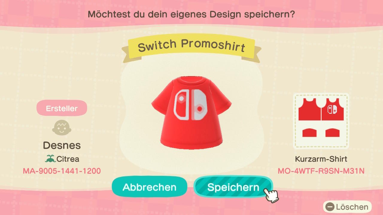 Animal Crossing Design Code: MO-4WTF-R9SN-M31N Switch Promoshirt