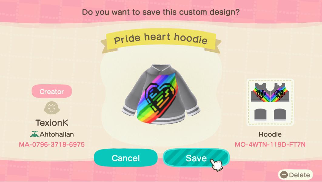 Animal Crossing Design Code: MO-4WTN-119D-FT7N Pride heart hoodie