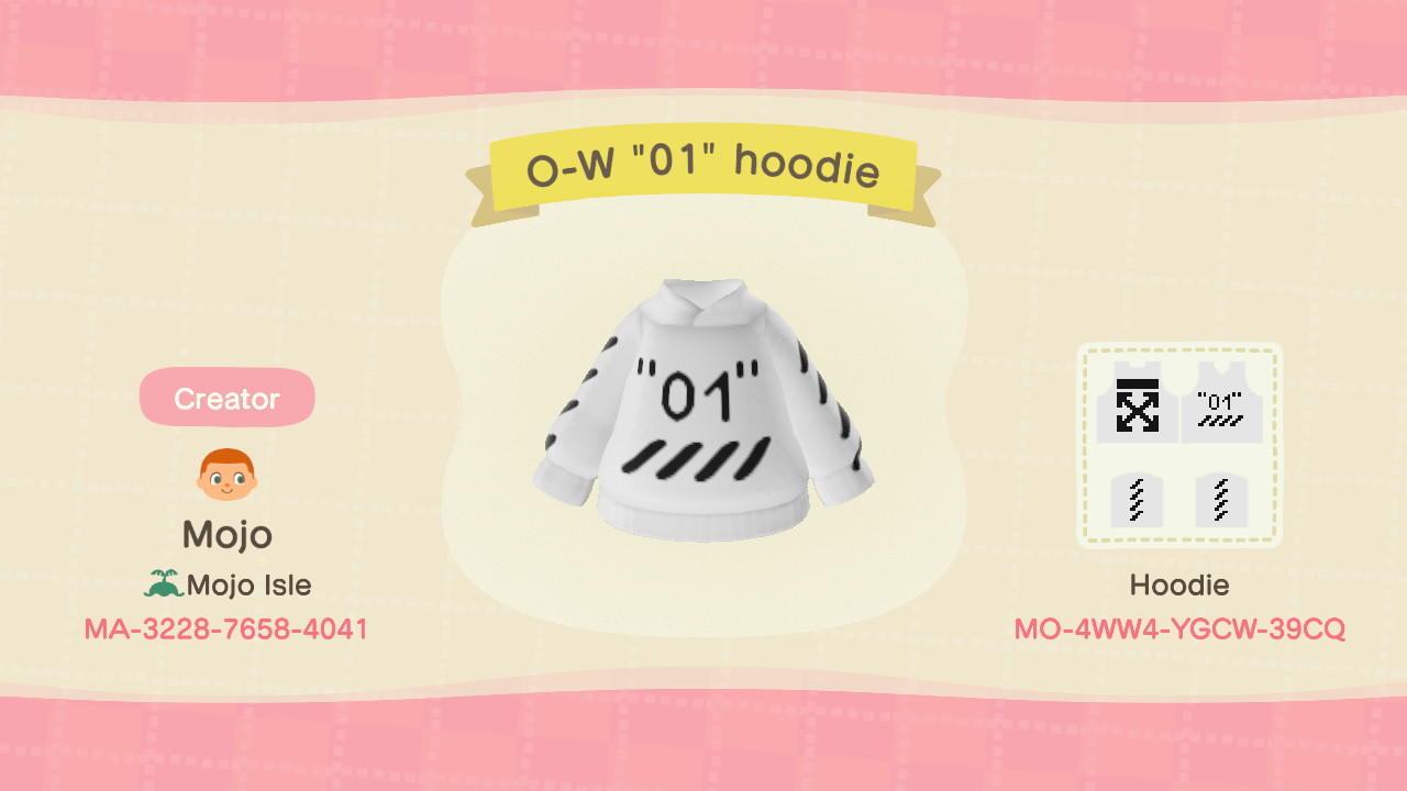 Animal Crossing Design Code: MO-4WW4-YGCW-39CQ O-W 01 Hoodie