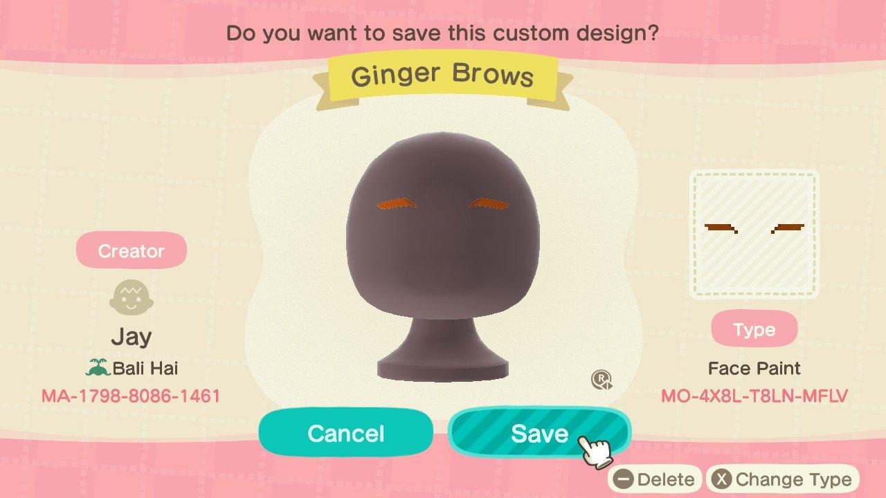 Animal Crossing Design Code: MO-4X8L-T8LN-MFLV Ginger Brows