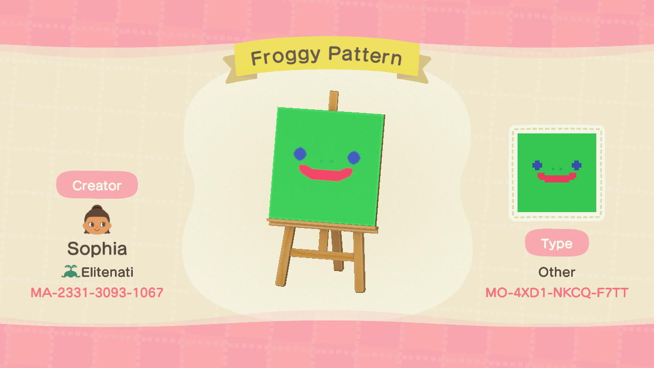 Animal Crossing Design Code: MO-4XD1-NKCQ-F7TT Froggy Pattern