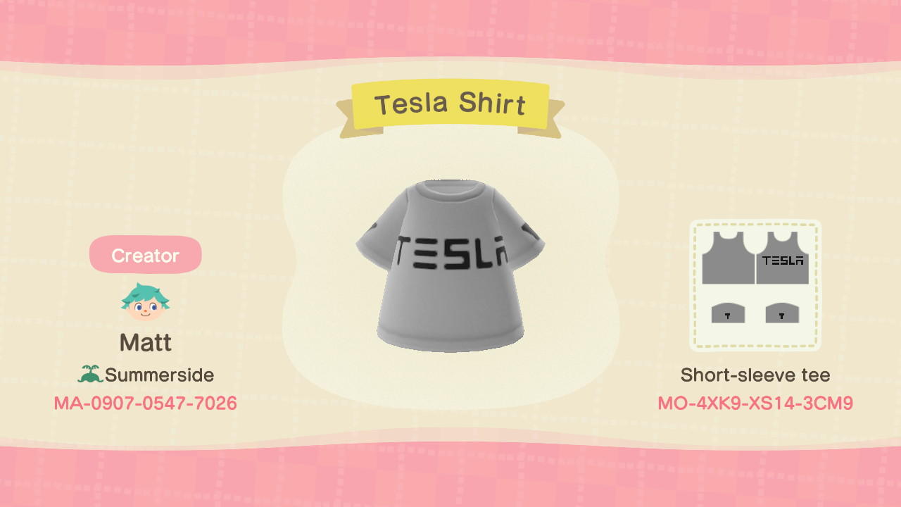 Animal Crossing Design Code: MO-4XK9-XS14-3CM9 Tesla’s Shirt
