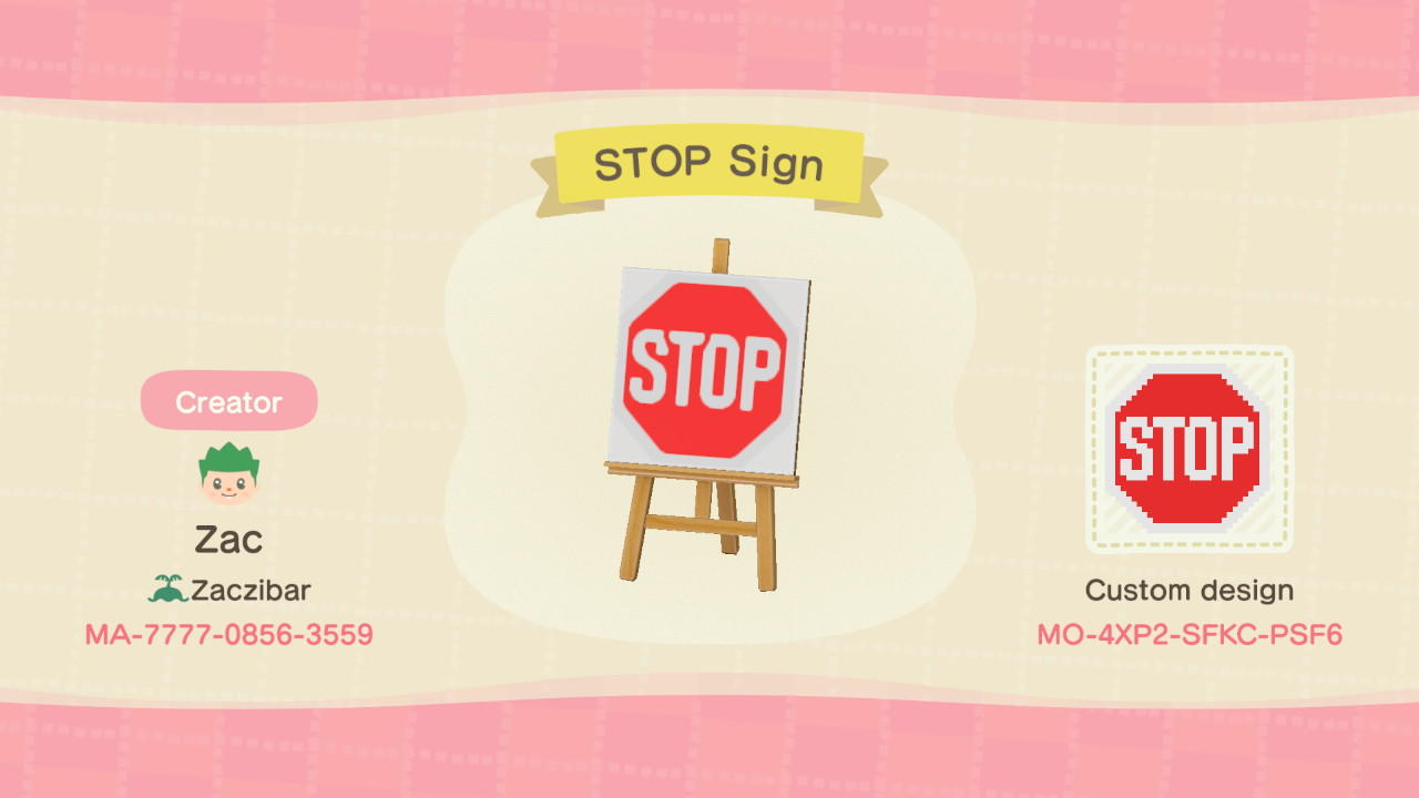 Animal Crossing Design Code: MO-4XP2-SFKC-PSF6 Stop Sign