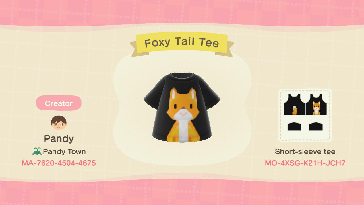 Animal Crossing Design Code: MO-4XSG-K21H-JCH7 Foxy Tail Tee
