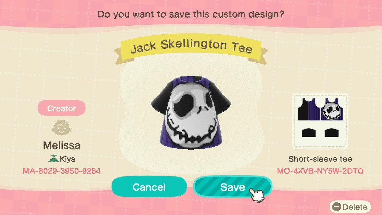 Animal Crossing Design Code: MO-4XVB-NY5W-2DTQ Jack Skellington Tee