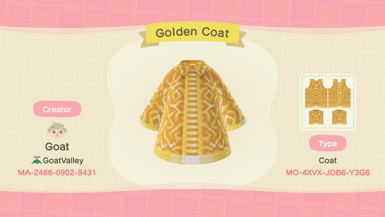 Animal Crossing Design Code: MO-4XVX-JDB6-Y3G6 Golden Coat