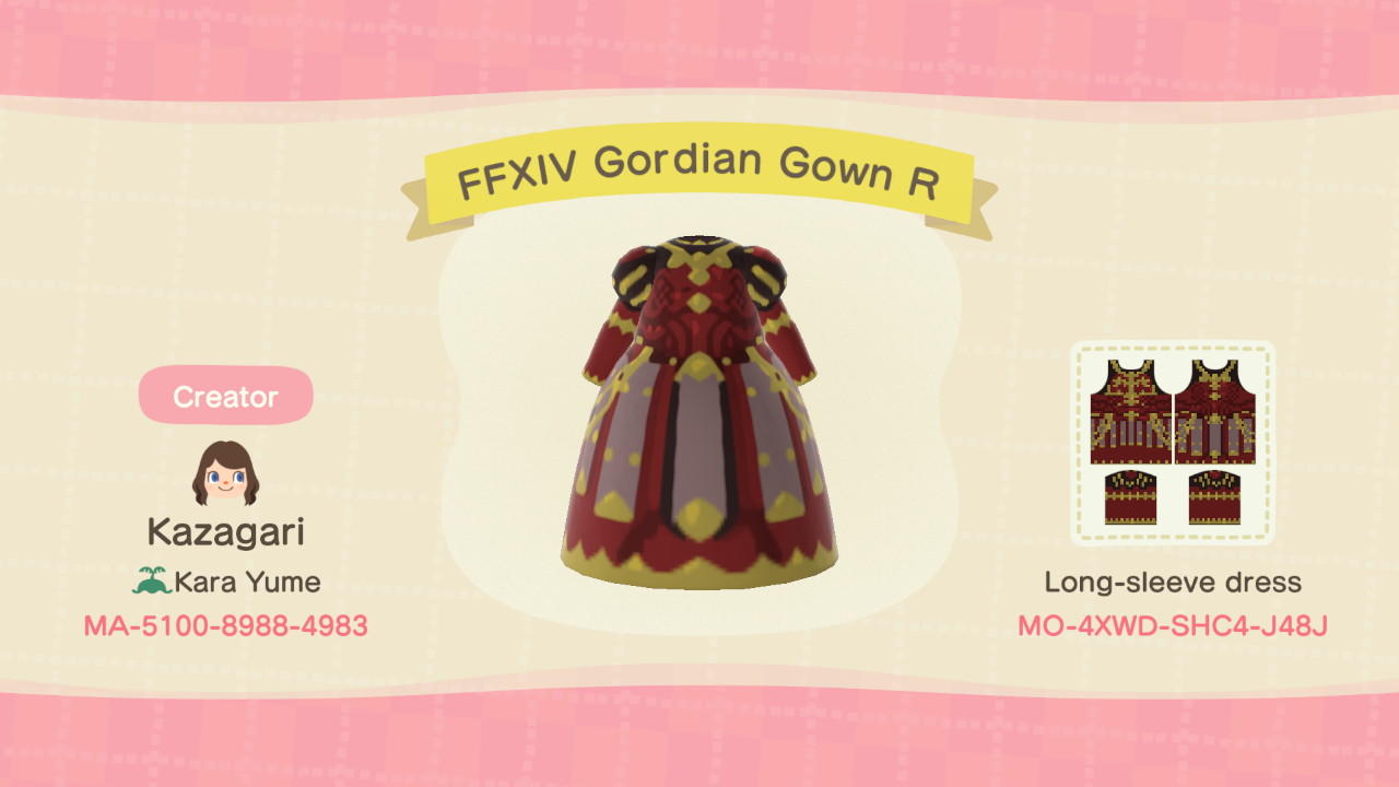 Animal Crossing Design Code: MO-4XWD-SHC4-J48J FFXIV Gordian Gown R