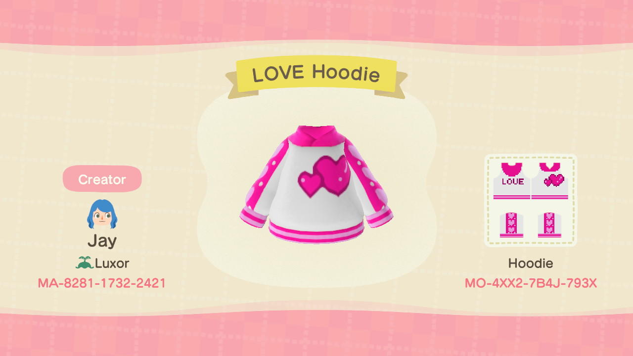 Animal Crossing Design Code: MO-4XX2-7B4J-793X LOVE Hoodie
