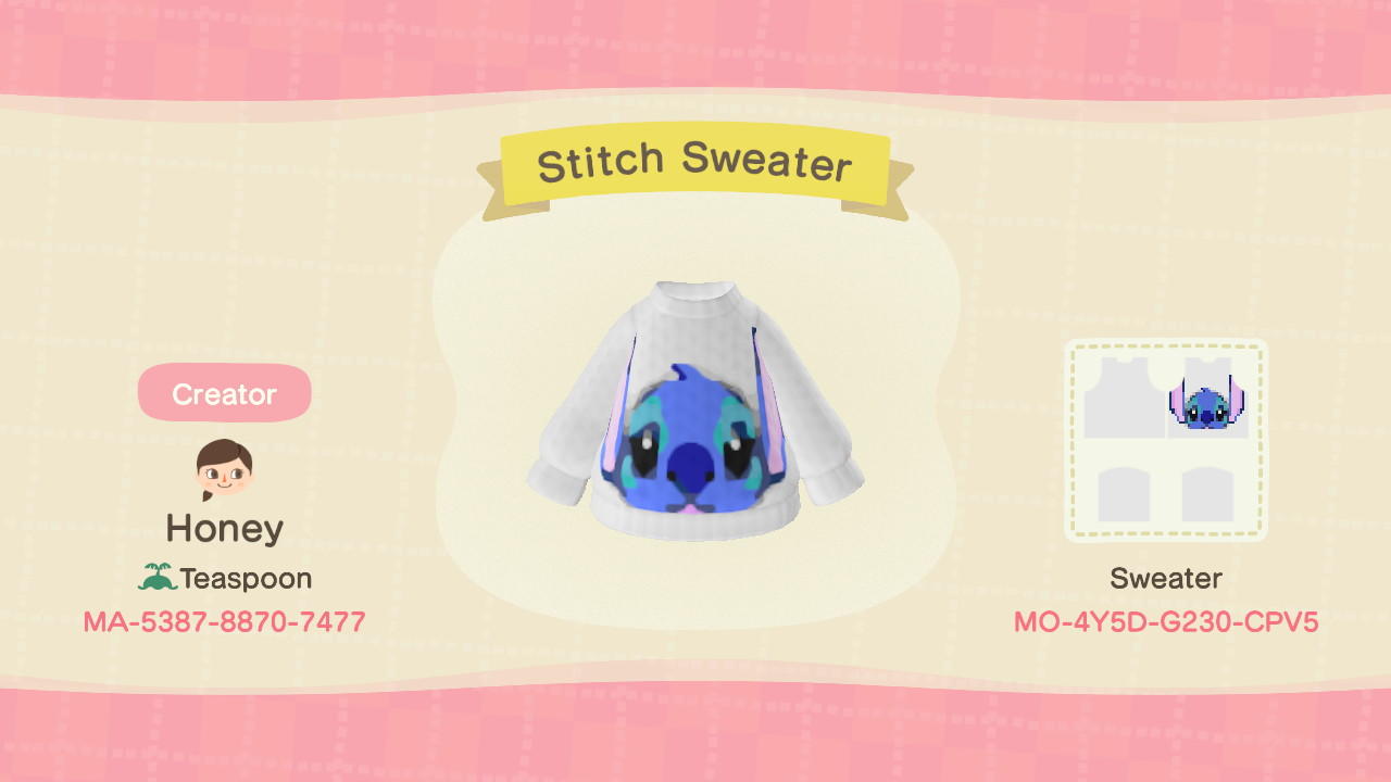 Animal Crossing Design Code: MO-4Y5D-G230-CPV5 Stitch Sweater