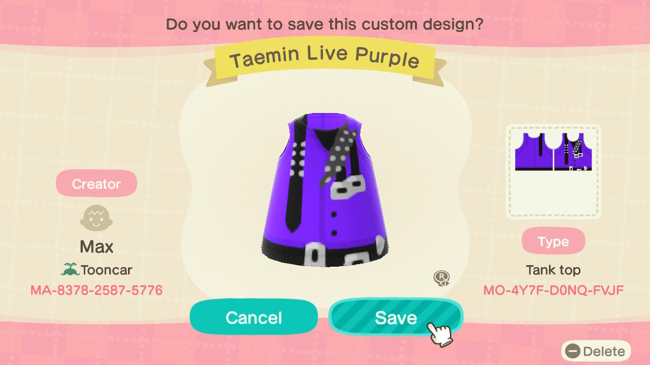 Animal Crossing Design Code: MO-4Y7F-D0NQ-FVJF SHINee Taemin Live 1