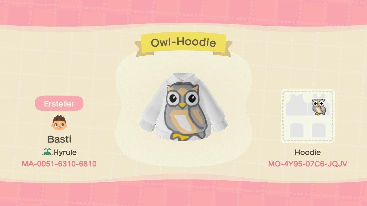 Animal Crossing Design Code: MO-4Y95-07C6-JQJV Owl Hoodie