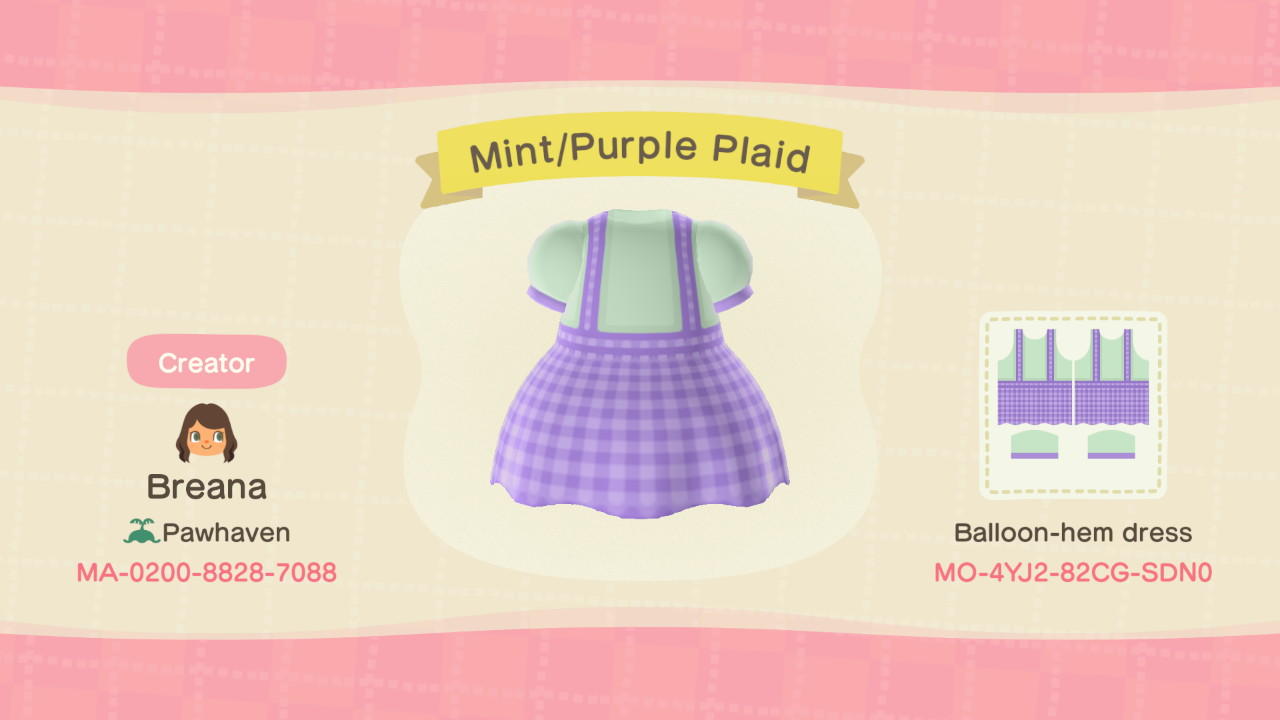 Animal Crossing Design Code: MO-4YJ2-82CG-SDN0 Mint/Purple Plaid