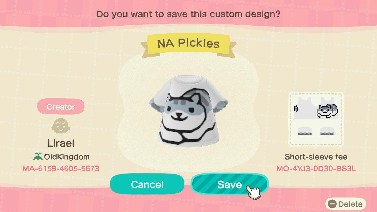 Animal Crossing Design Code: MO-4YJ3-0D30-BS3L Neko Atsume Pickles