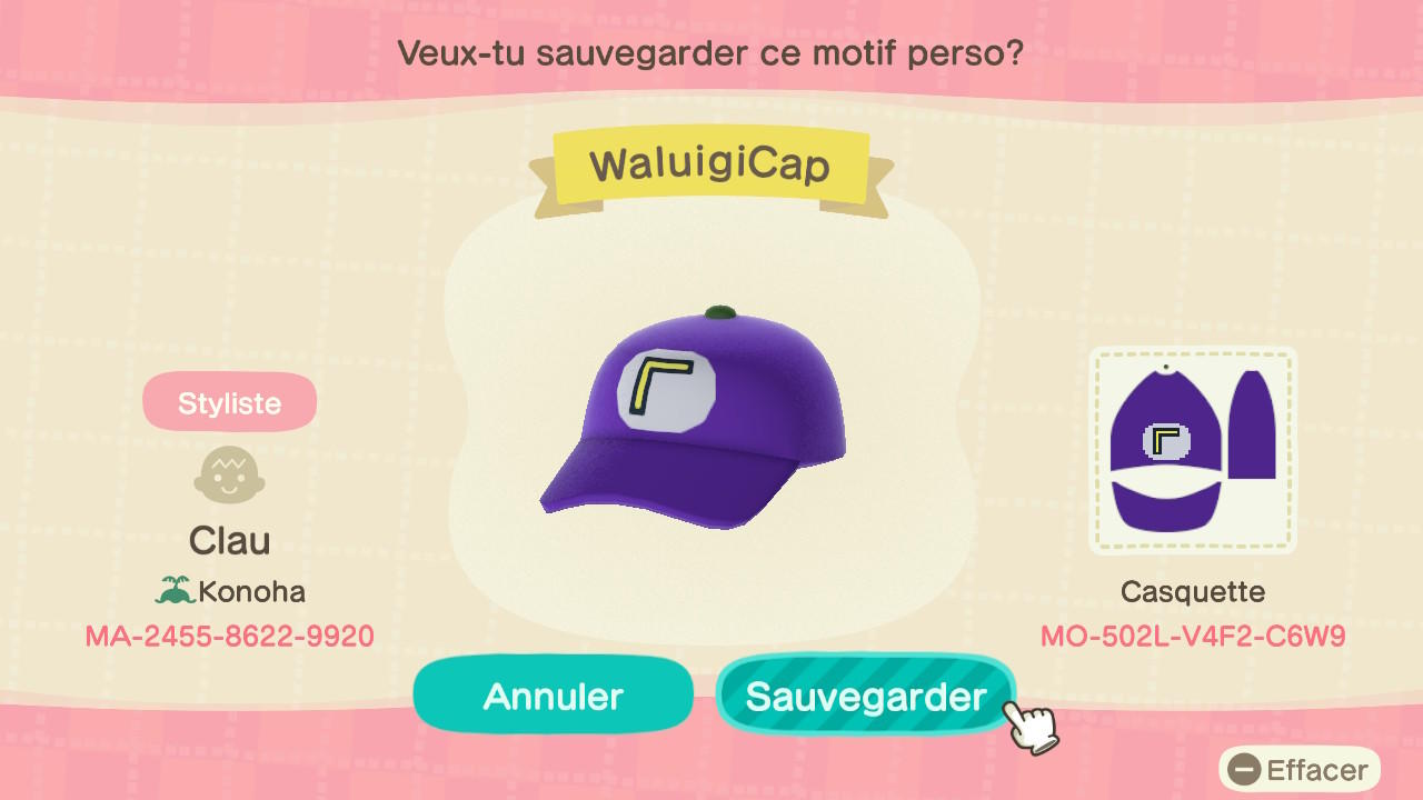 Animal Crossing Design Code: MO-502L-V4F2-C6W9 Waluigi Capp