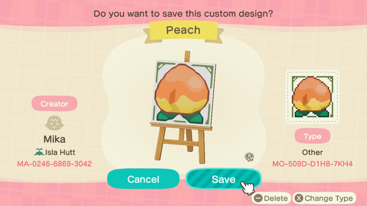 Animal Crossing Design Code: MO-509D-D1H8-7KH4 Peach Orchard Sign