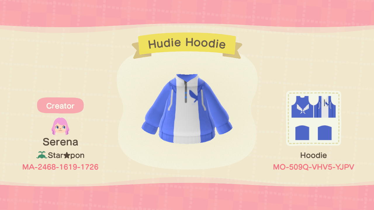 Animal Crossing Design Code: MO-509Q-VHV5-YJPV Hudie Hoodie