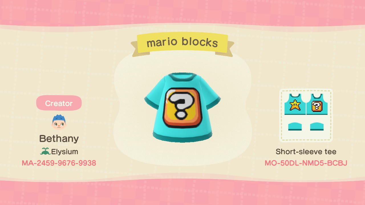 Animal Crossing Design Code: MO-50DL-NMD5-BCBJ Mario block shirt