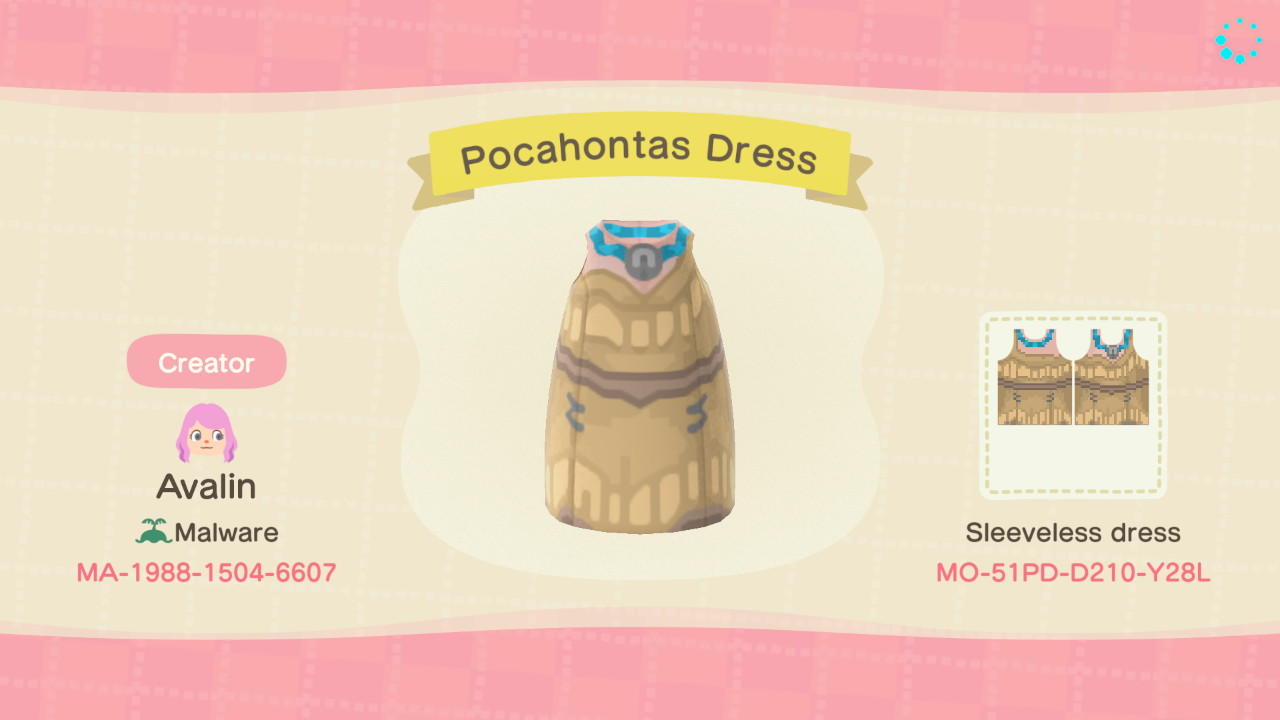 Animal Crossing Design Code: MO-51PD-D210-Y28L Pocahontas Dress