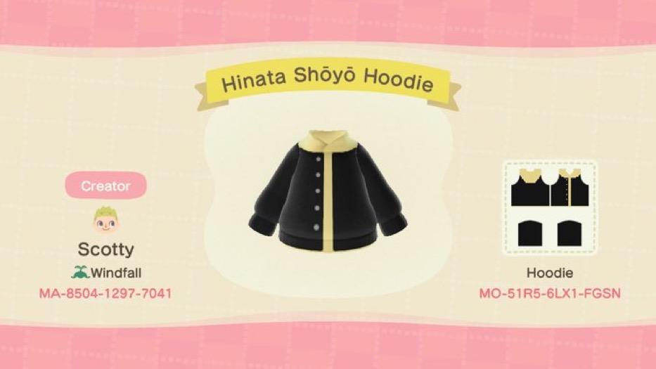 Animal Crossing Design Code: MO-51R5-6LX1-FGSN Shoyo Hinata Hoodie