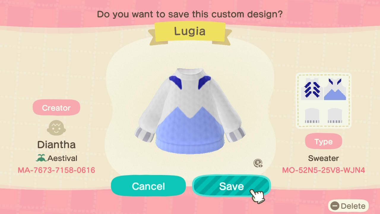 Animal Crossing Design Code: MO-52N5-25V8-WJN4 Lugia Sweater