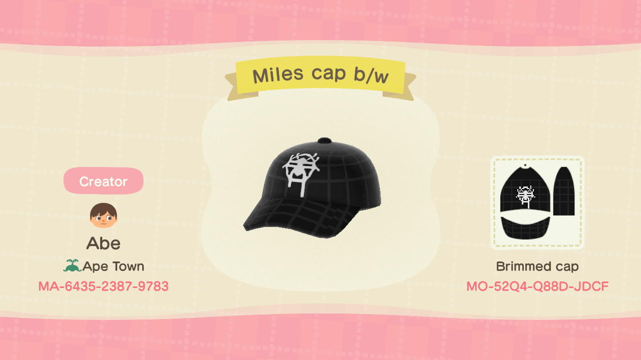 Animal Crossing Design Code: MO-52Q4-Q88D-JDCF Miles cap b/w