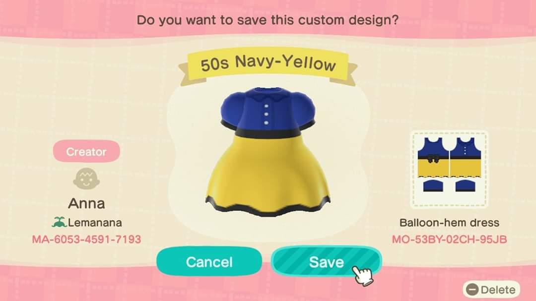 Animal Crossing Design Code: MO-53BY-02CH-95JB 50s Navy-Yellow