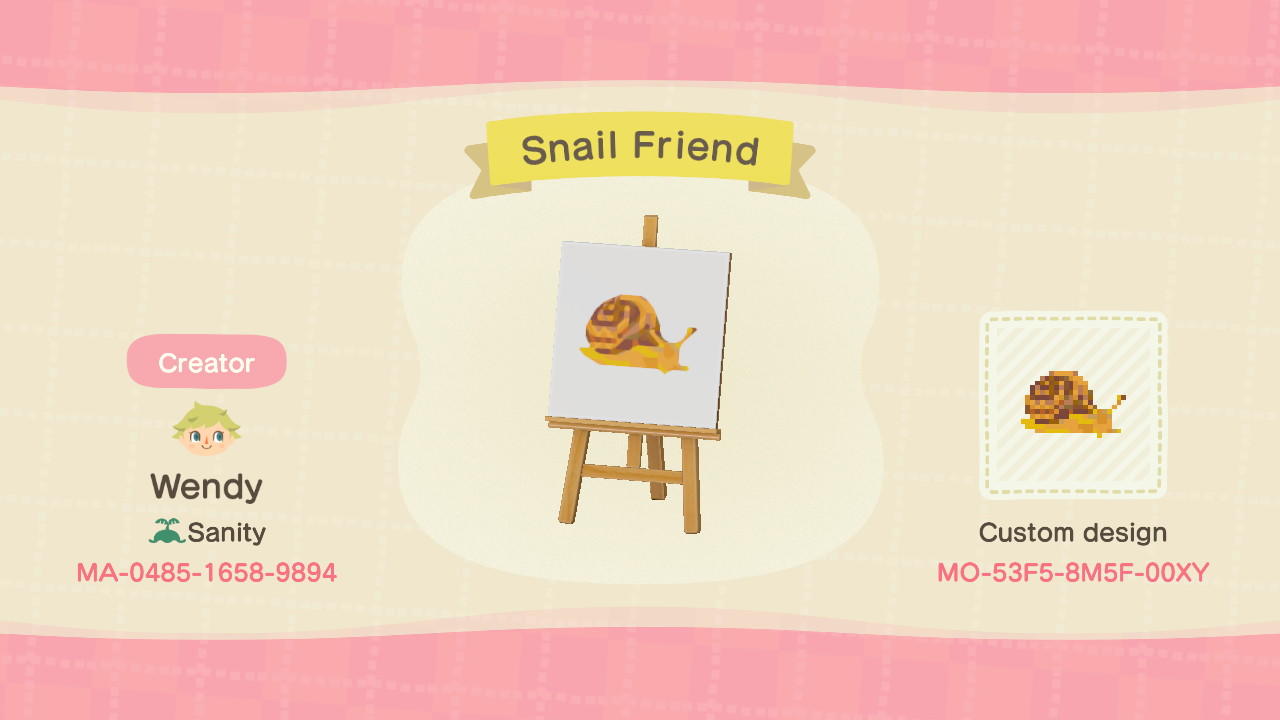 Animal Crossing Design Code: MO-53F5-8M5F-00XY Snail Friend
