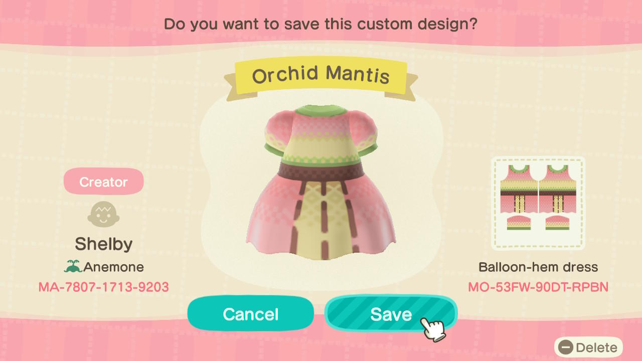Animal Crossing Design Code: MO-53FW-90DT-RPBN Orchid Mantis