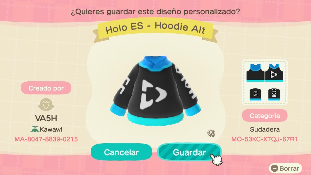 Animal Crossing Design Code: MO-53KC-XTQJ-67R1 Holo ES - Hoodie Alt