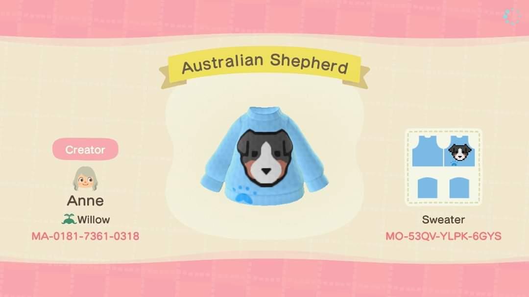 Animal Crossing Design Code: MO-53QV-YLPK-6GYS Australian Shepherd