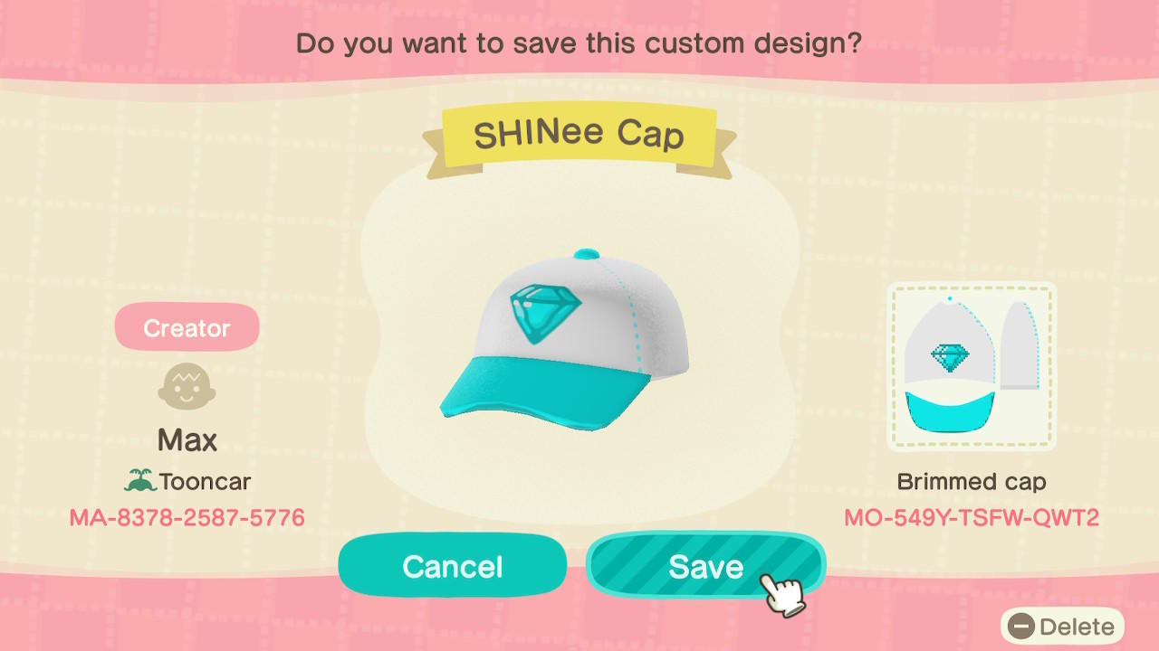 Animal Crossing Design Code: MO-549Y-TSFW-QWT2 SHINee Cap