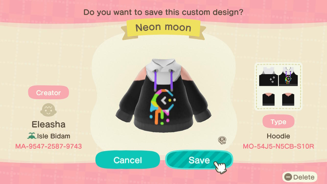 Animal Crossing Design Code: MO-54J5-N5CB-S10R Neon moon