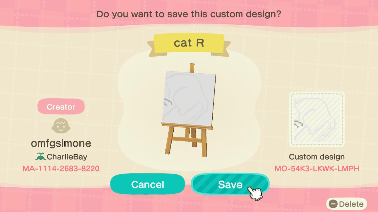 Animal Crossing Design Code: MO-54K3-LKWK-LMPH Chalk Cat Right