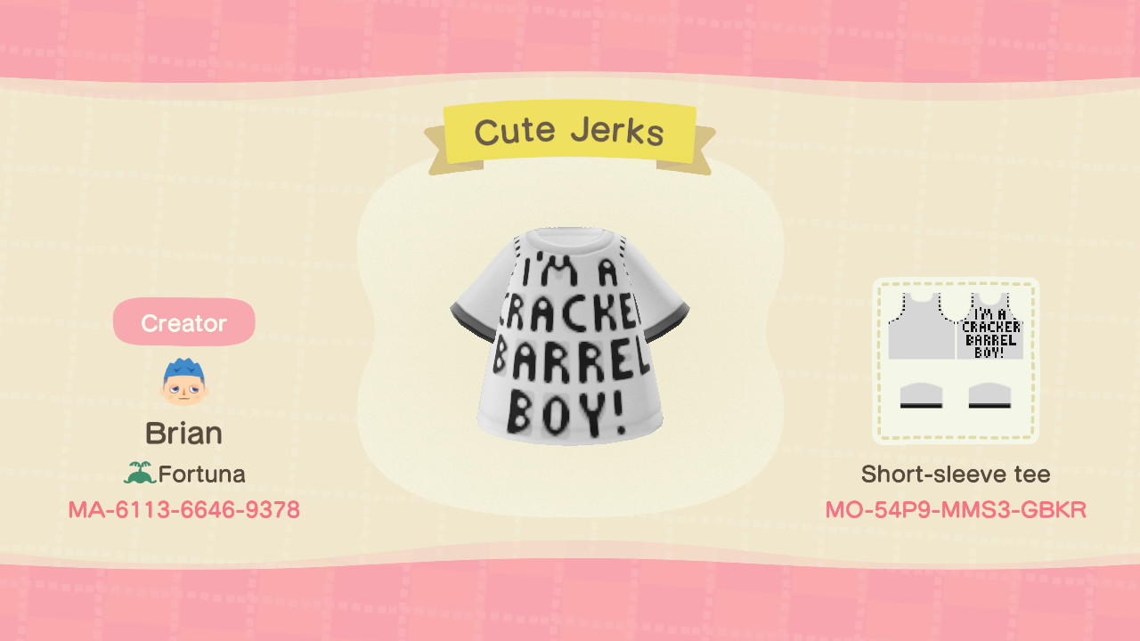 Animal Crossing Design Code: MO-54P9-MMS3-GBKR Cute Jerks