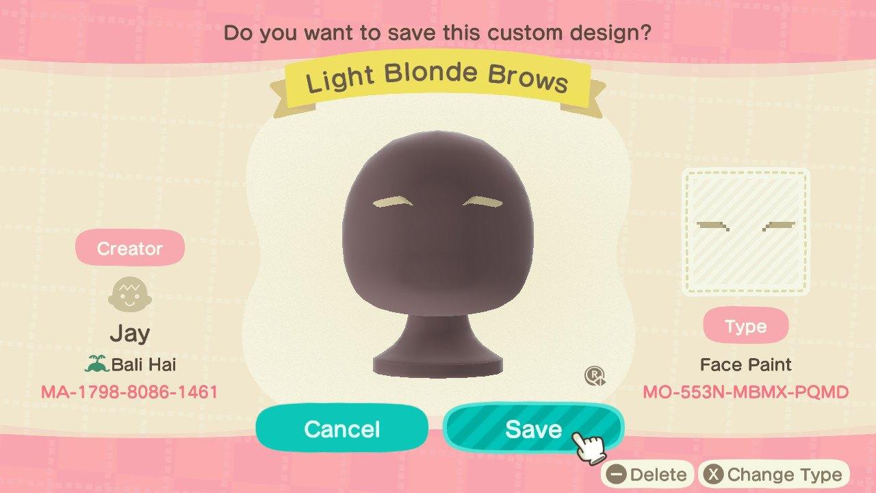 Animal Crossing Design Code: MO-553N-MBMX-PQMD Light Blonde Brows