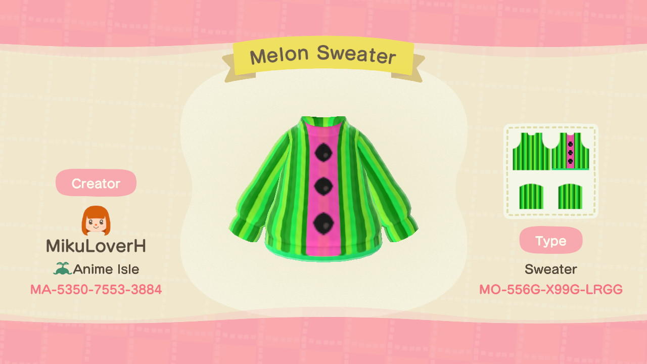 Animal Crossing Design Code: MO-556G-X99G-LRGG Melon Sweater